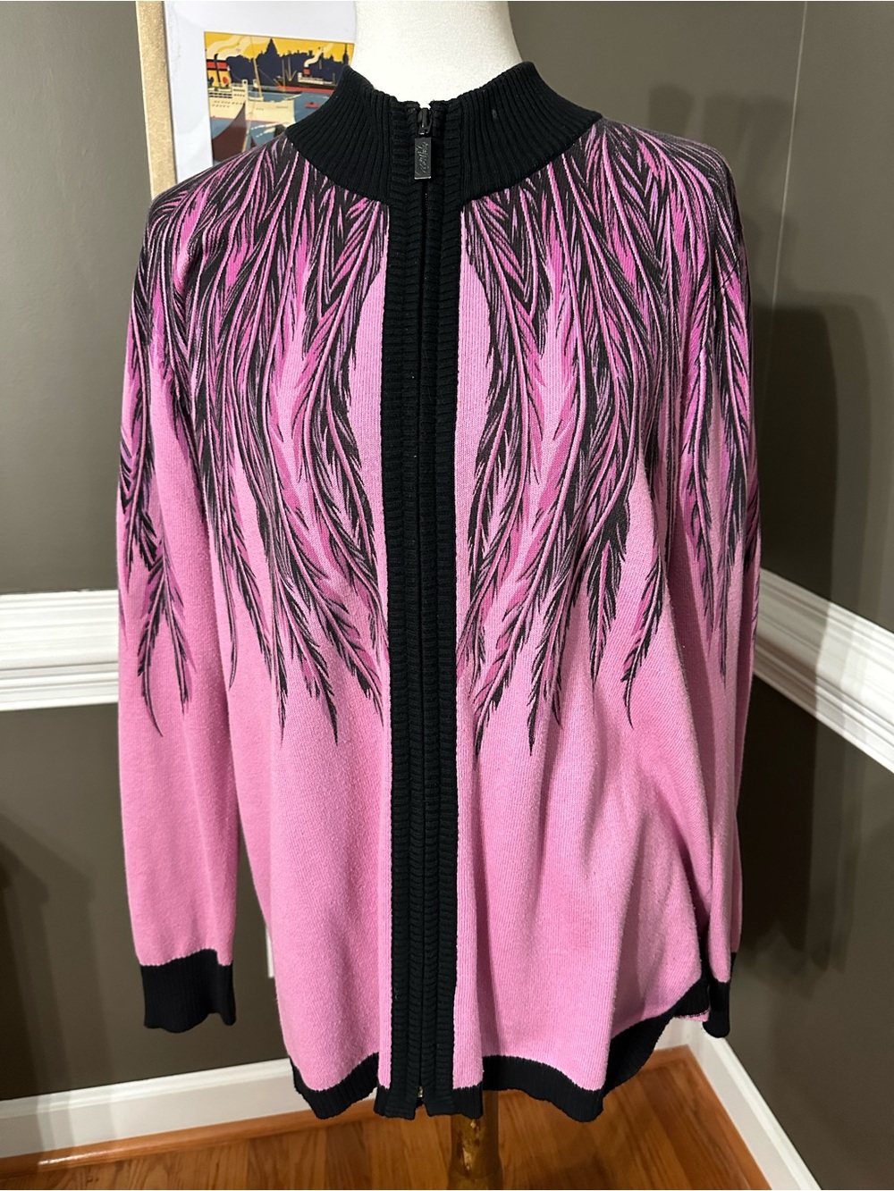 Vintage 90s Bob Mackie Wearable Art Lilac pink and Black Feather Zip Cardigan